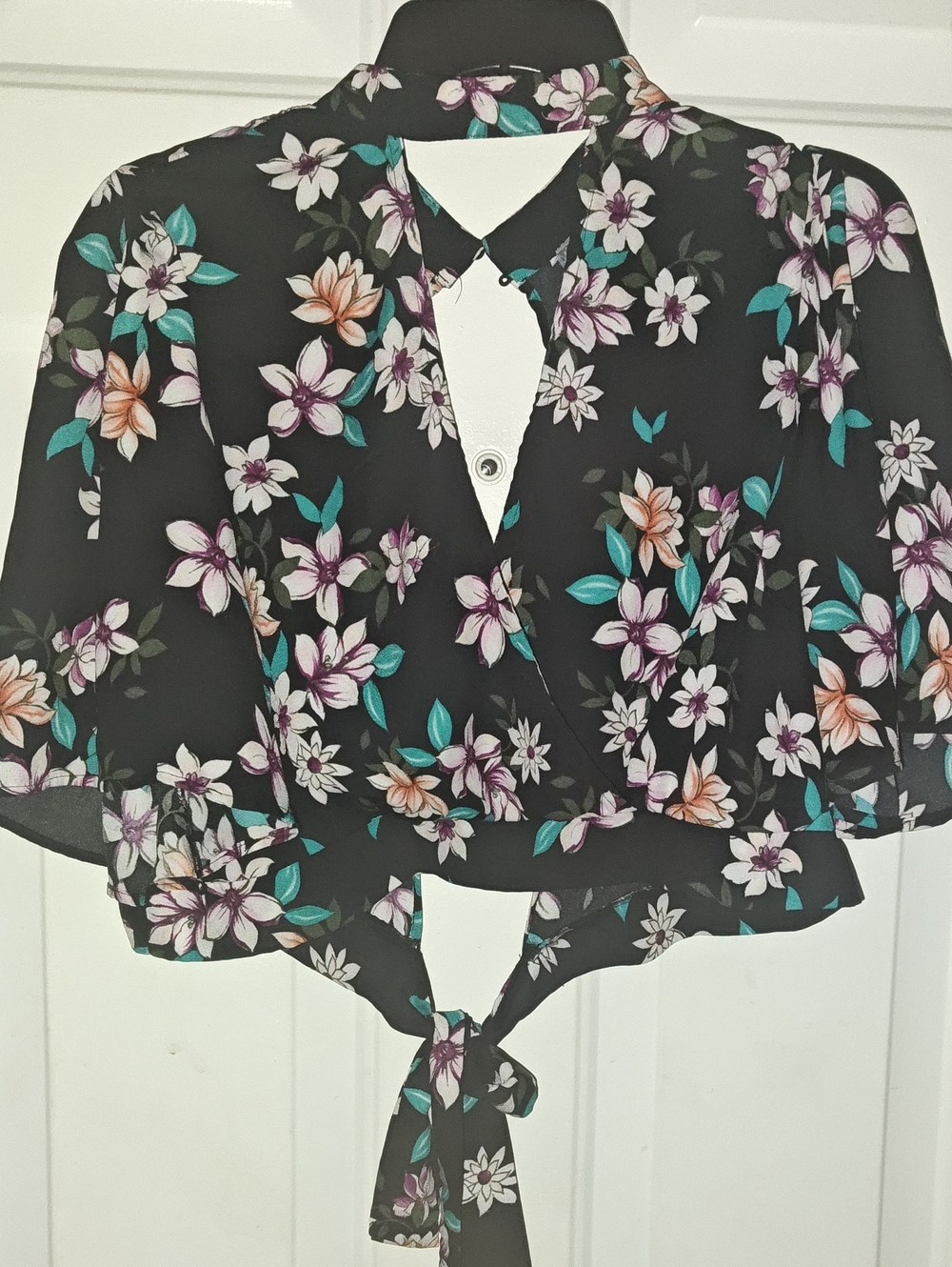 Floral Tie-Front Crop Blouse - Black with Teal & Lilac Flowers